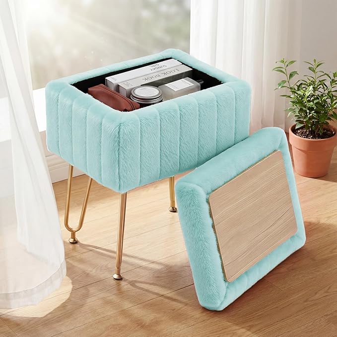 DUMOS Vanity Stool Chair with Storage, Small Ottoman Faux Fur Soft Padded Footstools Seat with 4 Metal Legs Anti-Slip Adjustable Feet Modern Footrest for Home Entryway Bedroom Makeup Mint