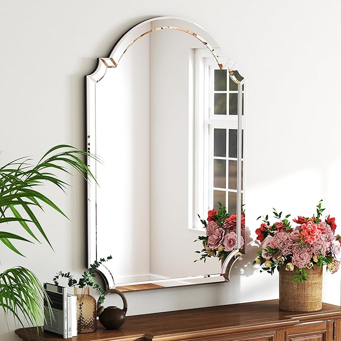 Chende 26" x 38" Arched Decorative Wall Mirror, Living Room Mirror for Decor with Glass Beveled Edge, Modern Bathroom Mirror Above Sink