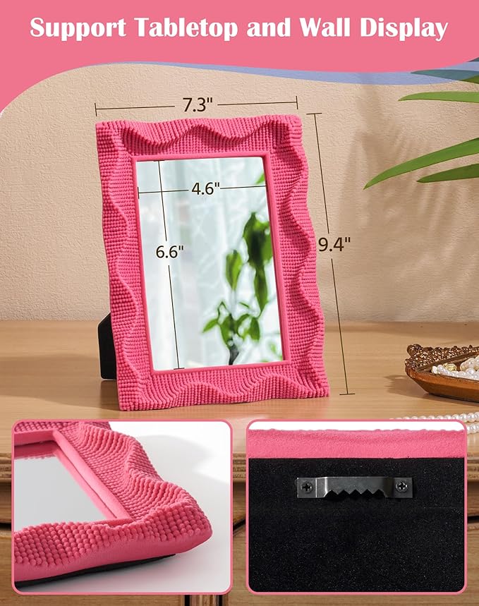 Modern Aesthetic Mirror for Girly Bedroom Wall Decoration, 9.5x7.5 Makeup Table Mirror with Wavy Frame for Creative Workspace, Room Makeover Gift for Mom Daughter Sister Friend (Rose Pink)