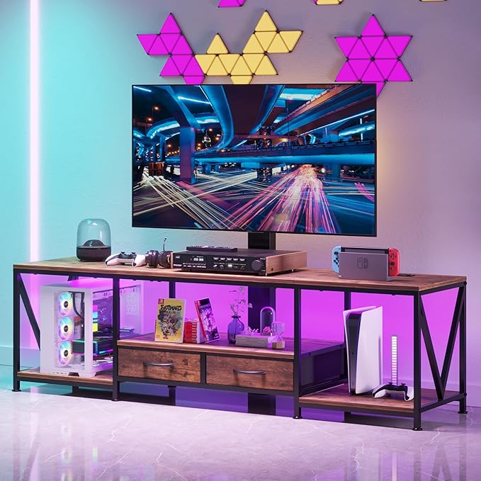 63" W TV Stand with Mount for 55,65,75" TV,Entertainment Center with Power Outlet&Led Lights,Height Adjustable TV Console Table with Open Storage Shelves&Fabric Drawers (Rustic Brown, 63“W)