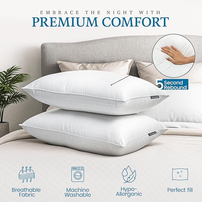 Queen Size Pillows Set of 2 Down Alternative – Soft & Fluffy Queen Pillow with Soft & Brushed Cover, Hotel Quality Pillows for Bed, Perfect Bed Pillows for Side and Back Sleepers, Size 20"x28"