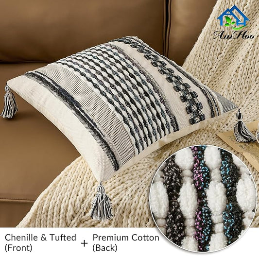 AmHoo Chenille Striped Textured Boho Throw Pillow Covers Aesthetic with Tassels Woven Decorative Pillow Case for Couch Bed Sofa Bedroom Modern Funky 18 x 18-Inch Black Multicolor