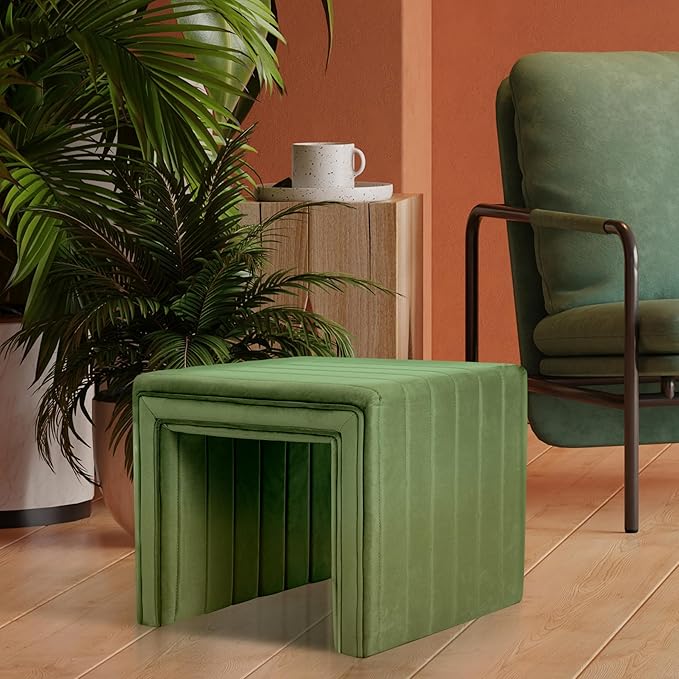Spatial Order Modern Channel Tufted Velvet Ottoman | Spatial Order Home Décor | Ottoman for Living Room & Bedroom - Green