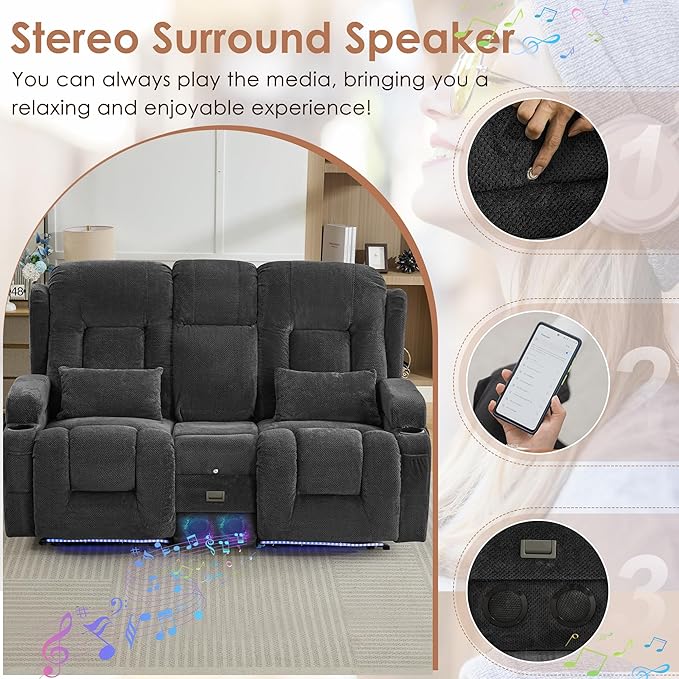 TUNYI Wall Hugger Loveseat Recliner Sofa with Console, Power Reclining Loveseat RV Couch with Massage & Heat/USB/Outlet/Storage/LED Light/Speaker (Dark Grey)