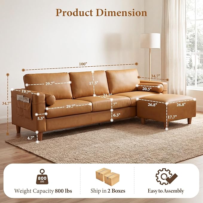 Vesgantti 100" Faux Leather Couch with Movable Ottoman, 3 Seater L Shaped PU Leather Sofa with Side Pocket, Comfy Mid Century Modern Modular Sectional Couch for Living Room, Apartment, Camel