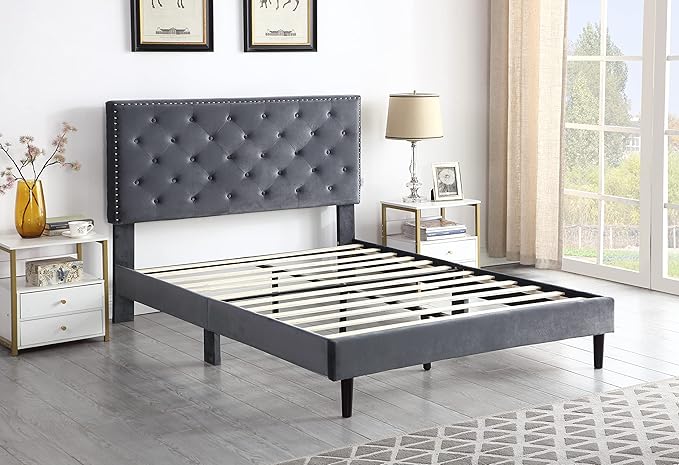 Full Upholstered Platform Bed Frame with 48" Tall Adjustable Headboard - Button Tufted Suede Velour Bed- Wood Slat Support with Storage Space - No Box Spring Needed - Grey - OLIVER & SMITH - Princeton