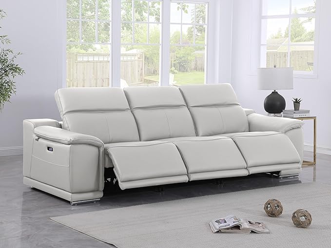 Blackjack Furniture Venice Top Grain Italian Leather Power Recline 3 Piece Sofa - 107" Theater Seating Modern Couch for Living Room Apartment Home with Adjustable Headrests & USB Port, Light Grey