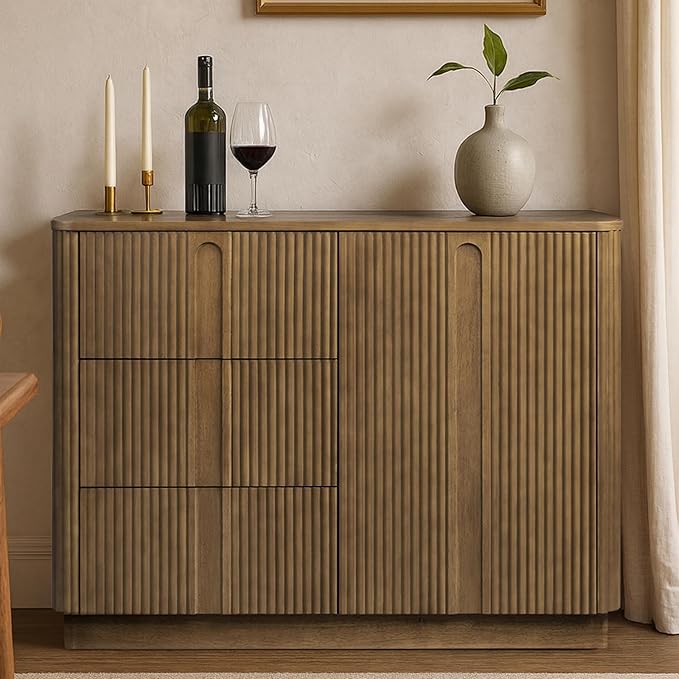 Teamson Home Potomac 42'' W Scandinavian Style Sideboard with 3 Drawer 1 Door and Adjustable Shelf, Solid Wood Frame, Push to Open and Acacia Veneer Living Room Storage Furniture in Greige