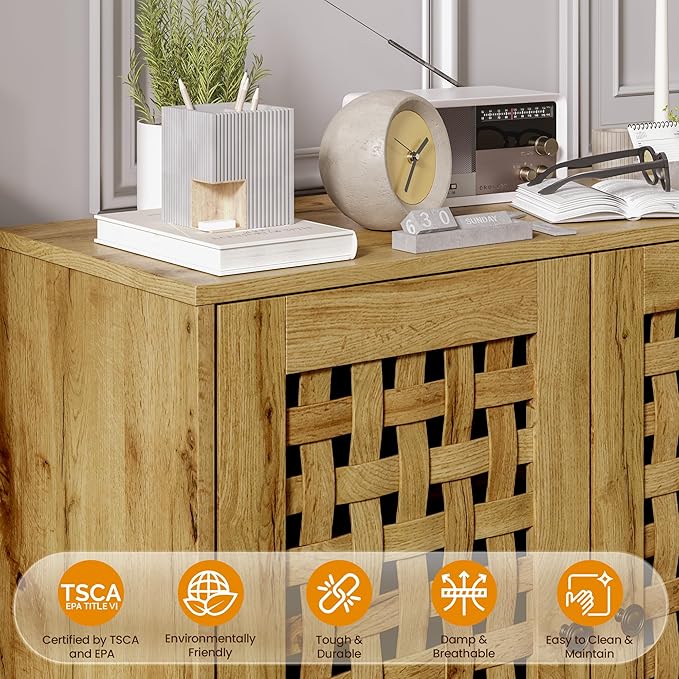 Vintage 2-Door Storage Cabinet Set of 2, Basket Weave Wooden Doors, Kitchen Sideboard with Adjustable Shelves, Coffee Bar Cabinet for Living Room, Hallway, Entryway, Natural Wood Color