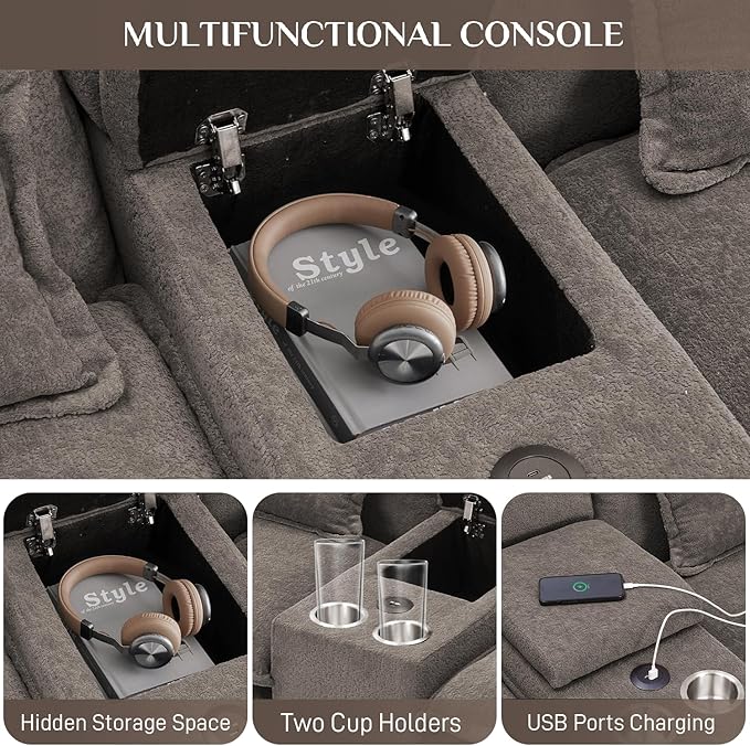 133" Oversized U Shaped Cloud Couch Modular Sectional Couches for Living Room Comfy Chenille Deep Seat Sofa Set with Double Chaise Lounge, Storage Central Console, Cup Holders, USB Port, Stone Grey