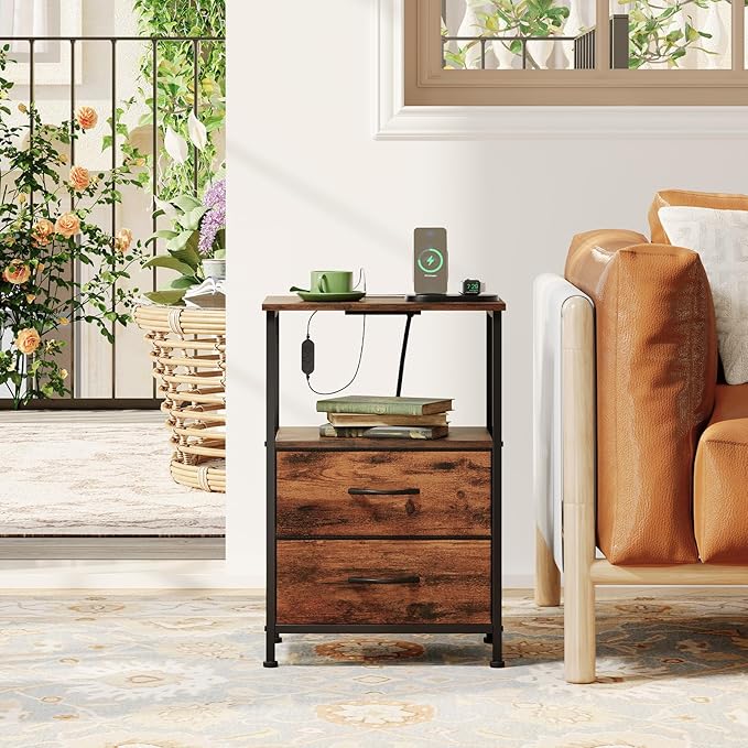 Somdot Nightstands Set of 2,End Tables with Charging Station and LED Lights,Night Stand with 2 Fabric Drawers, Bedside Table for Dorm Guest Room Bedside Kids Entryway Hallway, Wood Grain Print