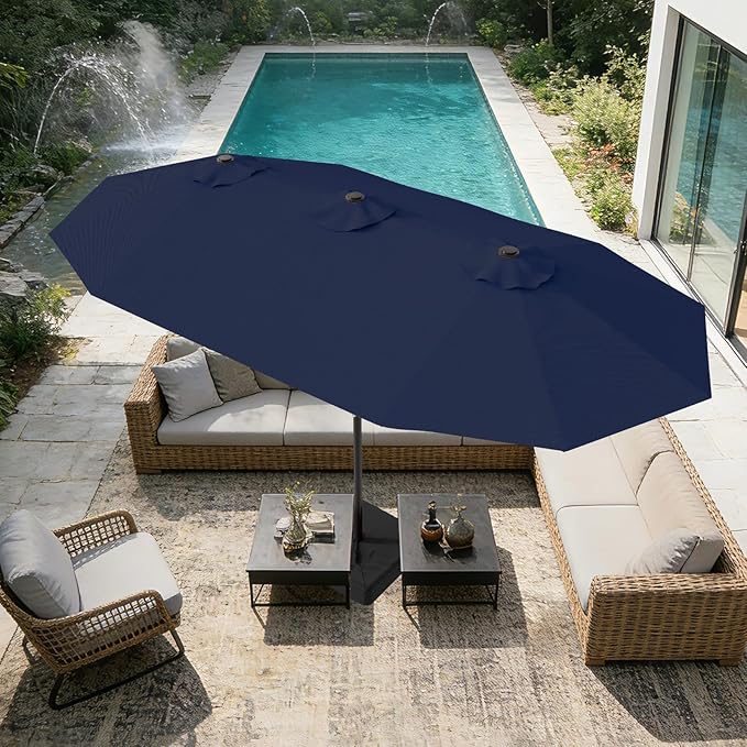 AreShark 15ft Patio Umbrella with Base, Double Sided Outdoor Umbrella with 12 Fiberglass Ribs, Large Outdoor Umbrella for Garden, Pool, Deck, Backyard & Market,Navy Blue