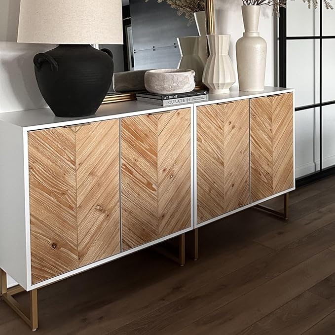 Nathan James Enloe Modern Storage Free Standing Accent Cabinet White with Doors in a Rustic Pine Wood Finish and Gold Powder-coated Metal Base for Hallway, Entryway or Living Room, Brown/White/Gold