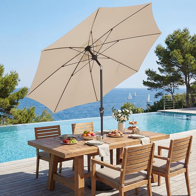 JEAREY 9FT Outdoor Patio Umbrella,Market Table Umbrella with 8 Fiberglass Ribs, Pool Umbrella with Tilt and Crank, UV Protection Lightweight & Wind-Resistant for Lawn, Garden, Deck and Backyard, Beige