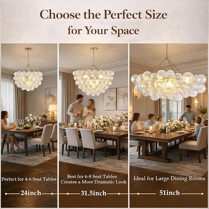 Dia 24" Bubble Chandelier, 5-Light Clear Hand Blown Glass Chandelier Gold Brass Chandeliers for Living Room Globe Ball Modern Chandeliers for Dining Room Foyer Bedroom Entry(G9 LED Bulb Base)
