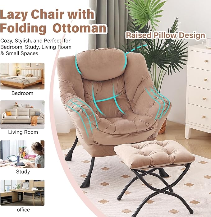 Lazy Chair with Ottoman, Modern Chair with Folding Footrest, Velvet Khaki Accent Chair, Comfortable Reading Chair, Oversized Armchairs for Bedroom, Study, Living Room, Courtyard