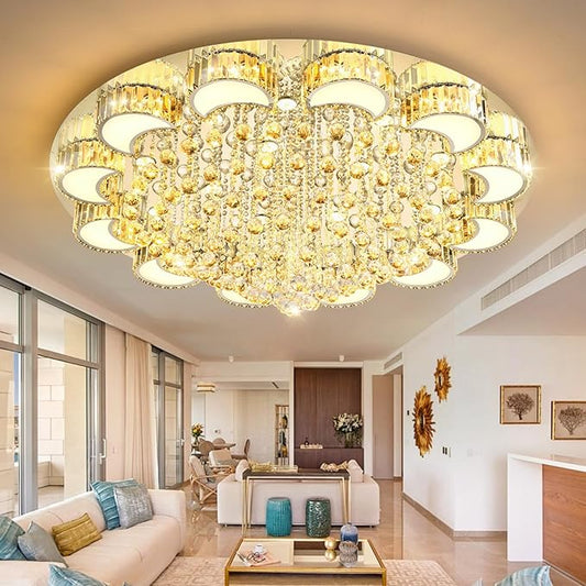 47'' Silver Modern Crystal Chandeliers for Dining Room LED Dimmable Light Fixtures Flush Mount Light Living Room Bedrooms