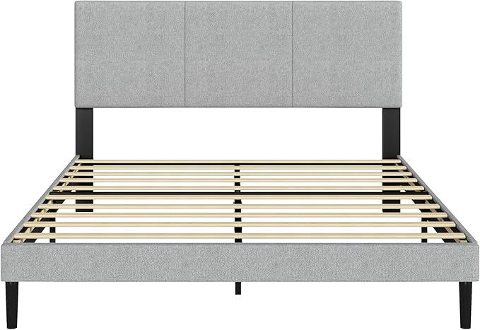 Queen Size Bed Frame with Upholstered Headboard, Sturdy Wood Slats, No Box Spring Required, Silent, Easy Assembly, Gray