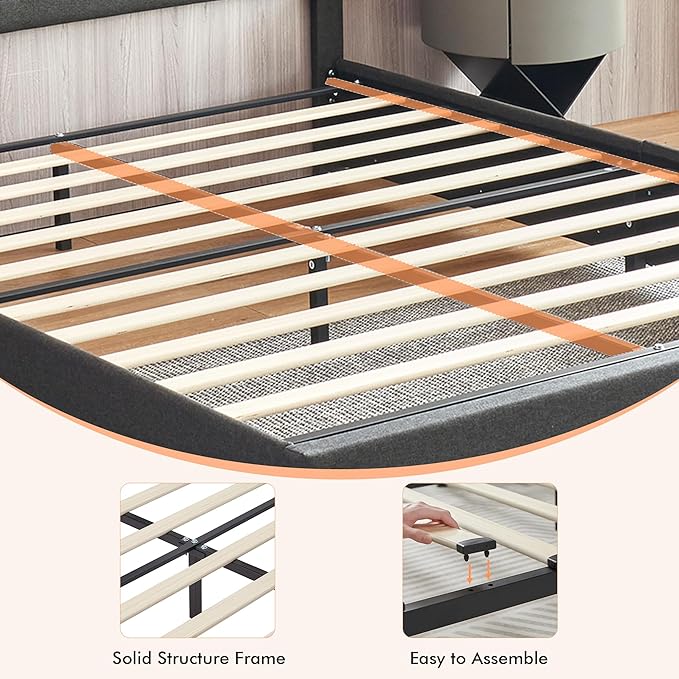 VECELO Queen Size Bed Frame with 4 Drawers, Adjustable Tufted Button Headboard, Upholstered Platform with Wood Slats Support, Built-in USB and Type C Ports, Dark Gray