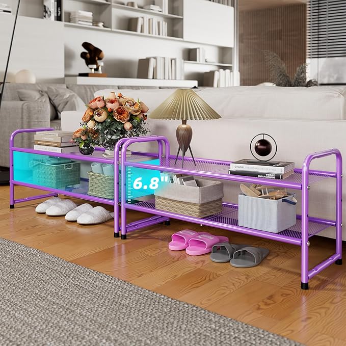 SUFAUY 2 Tier 33" Shoe Rack Closet, Metal Mesh, Stackable, Purple