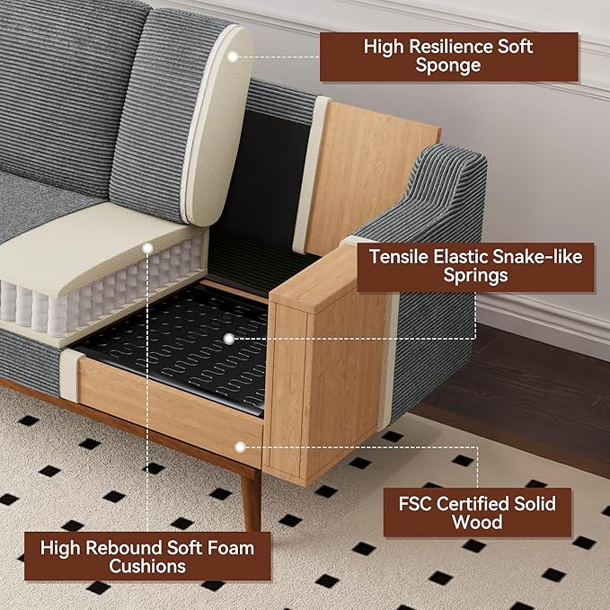 Vipbear 65.4" Loveseat Sofa Grey Corduroy Couch, Mid-Century Modern Small Couches for Living Room, Bedroom, Office, Comfy Sofa with Spring Cushion, Solid Wood Frame, Tool-Free Assembly