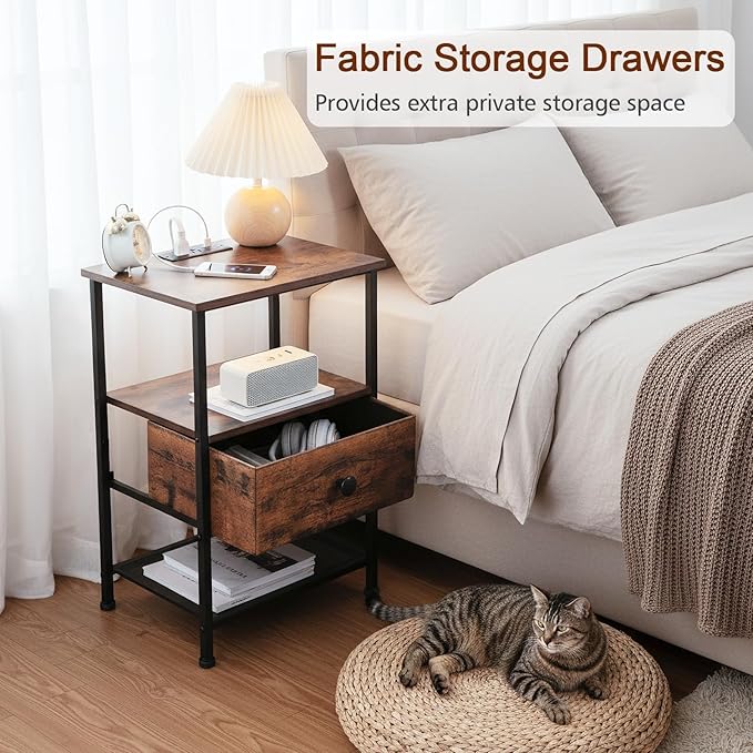 Night Stand Set 2, LED Nightstand with Charging Station, End Tables Living Room with Fabric Drawer for Small Spaces, Bed Side Tables with Storage Shelf for Bedroom, Rustic Brown, HETS01PQBR