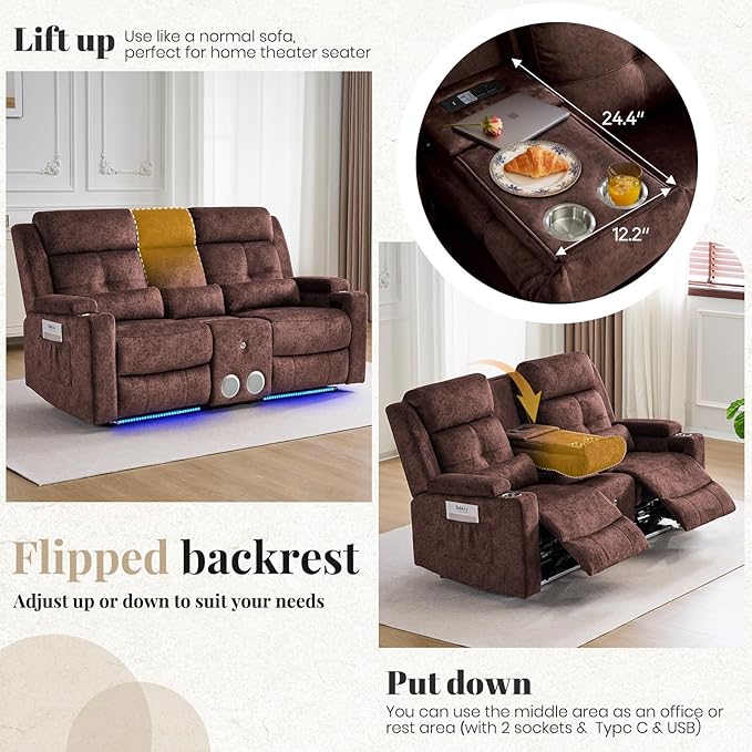 RV Power Loveseat Recliner Sofa with Console|RV Reclining Loveseat with Bluetooth Speaker & LED Light | RV Wall Hugger Double Recliner Loveseat Sofa 3 Pillows (Velvet Brown) | LED Light, Electric Tilt, Hidden Storage, Comfy Velvet