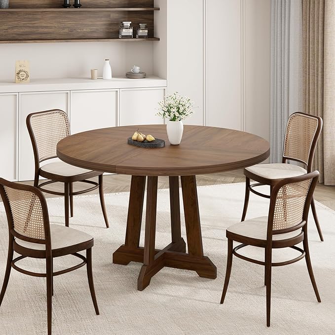 GarveeHome Round Dining Table for 4, 47 Inches Dining Room Table with Wooden Base, Kitchen Table with Circle Tabletop, Dinner Table for Dining Room, Kitchen, Living Room, Brown