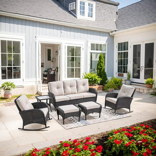 Belord Patio Rocking Chairs Furniture Set of 6, Outdoor Wicker Furniture Sets with Wicker Rocker, Small Patio Conversation Sets with Outdoor Couch Ottomans Black/Beige