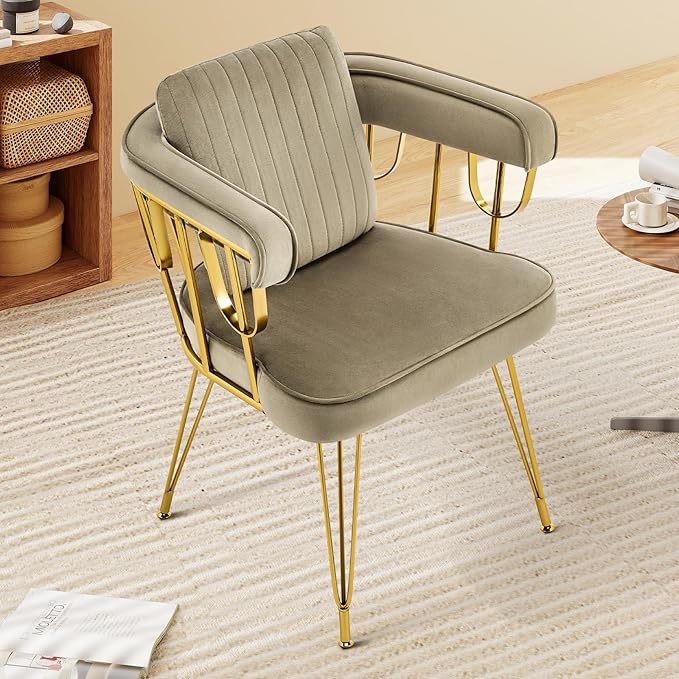 Makeup Vanity Chair with Gold Back No Wheels, Accent Velvet Desk Chairs with Extra Lumbar Pillow for Girls Bedroom Dressing Room Nail Salon Living Room, Greyish Brown