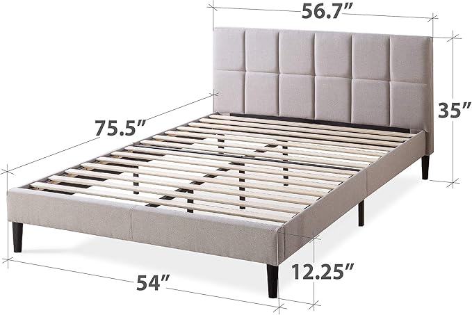 ZINUS Lottie Upholstered Platform Bed Frame with Short Headboard, Mattress Foundation, Wood Slat Support, No Box Spring Needed, Easy Assembly, Beige, Full