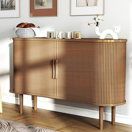 Mid-Century Modern Sideboard Buffet Cabinet, 55" Storage Cabinet with 4 cabinets, Decorative Fluted Sliding Doors for Bedroom Dining Room Small Space, Walnut Finish, Walnut
