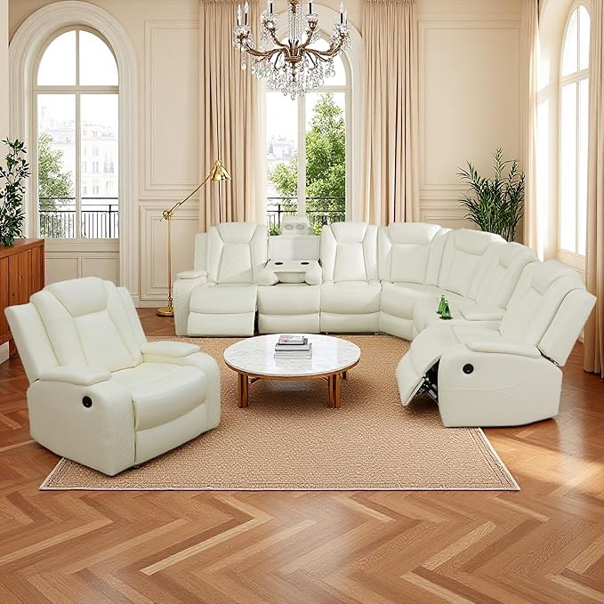 Power Recliner Sectional Sofa Set with Chair, Leather Reclining Couch Set for Living Room, Creamy White Breathing Leather Recliner Sectional with Storage Console/Cup Holders/USB Ports/LED