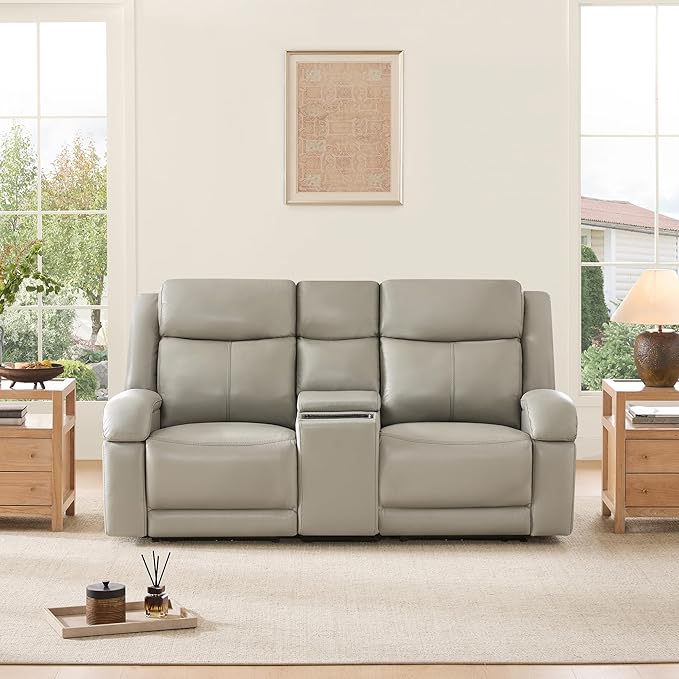 Watson & Whitely Genuine Leather Power Loveseat Recliner Sofa, Wall Hugger Loveseat Reclining Sofa with Storage Console, Power Headrest, Cup Holders, Dual Recliners for Living Room, RV, Grey