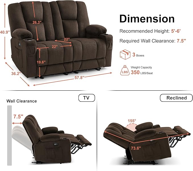 MCombo 57.8" Zero Gravity Power Loveseat Sofa with Heat and Massage, Reclining Loveseat Recliner for Living Room, Fabric 6035SET (Brown)