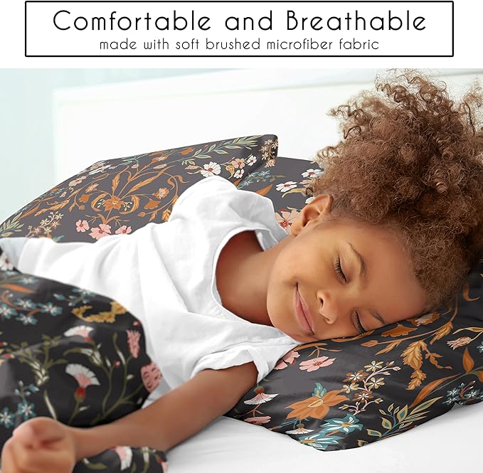 Sweet Jojo Designs 2-Piece Twin Comforter Set (Black Boho Wildflower Floral) for Girls, Teen Kids Bedding, Bed in a Bag incl. Blanket & Pillow Sham (Vintage, Bohemian Farmhouse, Botanical Cottagecore)