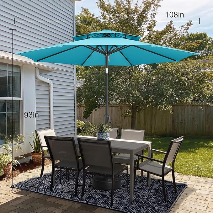 9FT Outdoor Patio Umbrella - 2 Tiers Table Umbrella Waterprool UV Protection, Sombrillas de Patio with Push Button Tilt, Sun Umbrella for Pool, Porch, Garden, Yard (Aqua Blue)