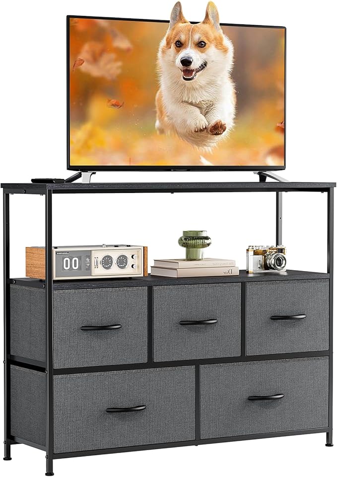 NEWBULIG 5 Drawer TV Stand with Wood Top, Entertainment Center for 45 inch TVs & Fabric Storage Organizer, Adjustable Feet, for Bedroom & Living Room,Grey02