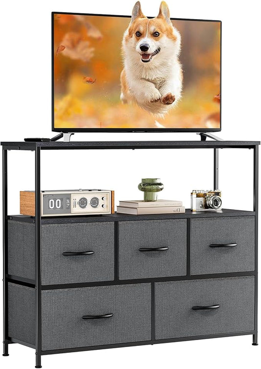 NEWBULIG 5 Drawer TV Stand with Wood Top, Entertainment Center for 45 inch TVs & Fabric Storage Organizer, Adjustable Feet, for Bedroom & Living Room,Grey02
