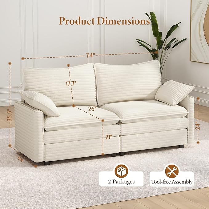 Vesgantti 74" Loveseat Sofa for Living Room, Comfy Cloud Couch Deep Seat Corduroy Modern 2 Seater Small Sofa with Armrest Pillow, Easy Assembly for Small Spaces, Beige | Sink-in Comfort, Height Adjustable, Easy Rearrangement, Extra-deep Ottoman, Solid ...
