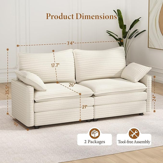 Vesgantti 74" Loveseat Sofa for Living Room, Comfy Cloud Couch Deep Seat Corduroy Modern 2 Seater Small Sofa with Armrest Pillow, Easy Assembly for Small Spaces, Beige | Sink-in Comfort, Height Adjustable, Easy Rearrangement, Extra-deep Ottoman, Solid ...