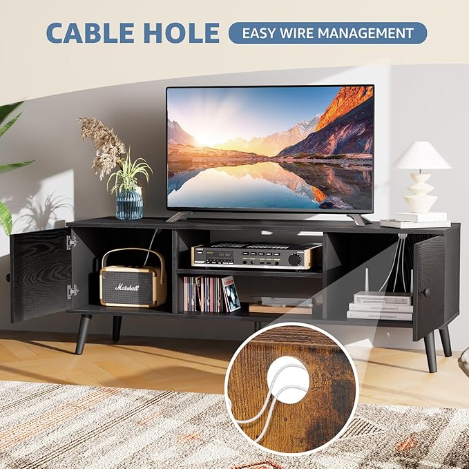 NEWBULIG TV Stand for 55 60 inch TV, Modern Mid Century Entertainment Center with Storage, Wooden Media Console Table 2 Cabinet for Living Room, Soft Hinge, Handle Door, Office Furniture, Black