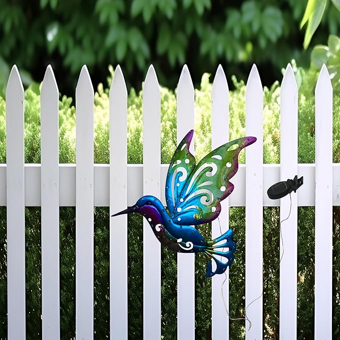 WAIU Solar LED Light Hummingbird Metal Outdoor Wall Outside Decorations for Yard, Hummingbird Ornament Metal Yard Art Wall Patio Backyard Garden Decor for Outside