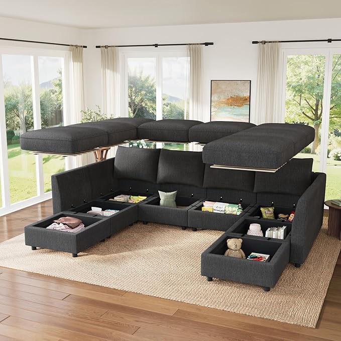 HONBAY Modular Sectional Sofa Couch with Storage, Modern U Shaped Sectional Sofa, Convertible Couches for Living Room - Snowflake Velvet Grey