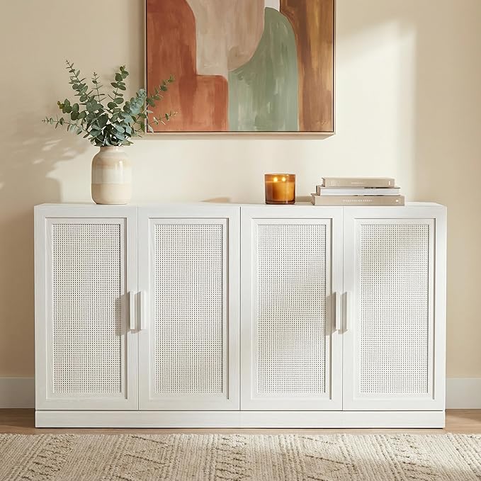 Casaphoria Adam Sideboard Buffet Cabinet with Storage, Sideboard Cabinet with Rattan Doors & Adjustable Shelves, 62" W x 31" H Coffee Bar for Entryway Kitchen Living Room, White
