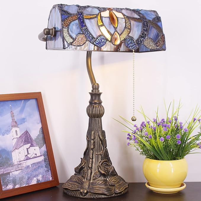 Tiffany Banker Lamp Small Stained Glass Table Lamp Tiffany Style Piano Light Blue Purple Cloudy Style Desk Lamp Angle Adjustable 10.6X15.7 Inch for Home Office Living Room Bedroom