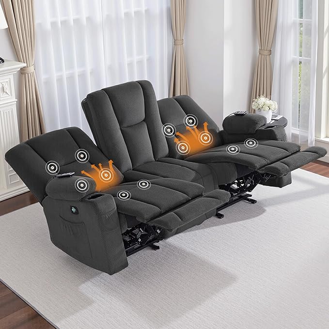 MCombo Zero Gravity 3 Seater Power Reclining Sofa, Heat and Vibration Massage, Recliner Couch for Living Room, Fabric 6035SET (Grey, 3 Seater)