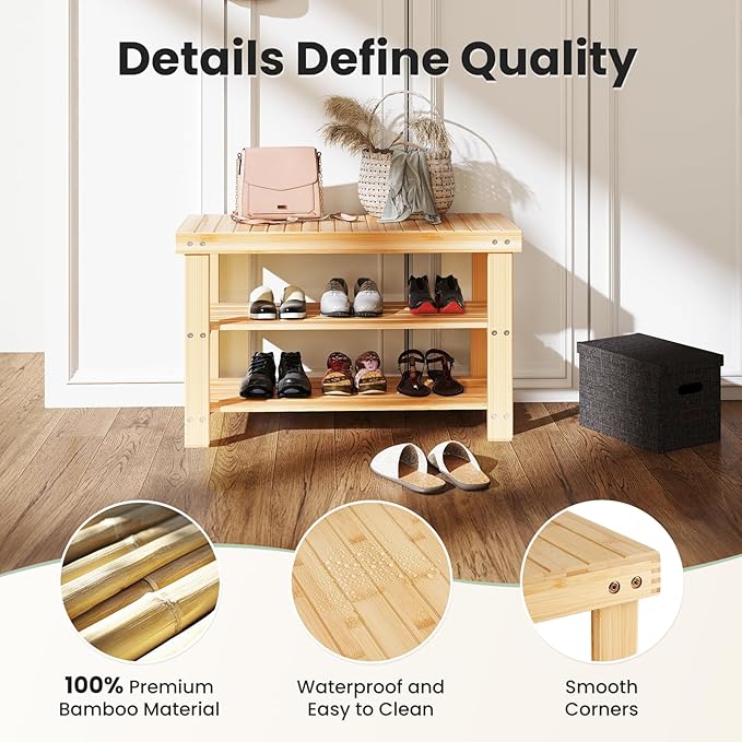 DUMOS Shoe Rack Bench, 3-Tier Bamboo Entryway Benches, Holds Up to 286 lb Storage Organizer, 11.3 x 27.6 x 17.8 Inches, Suitable for Bedroom Living Room Balcony, Classical Wood