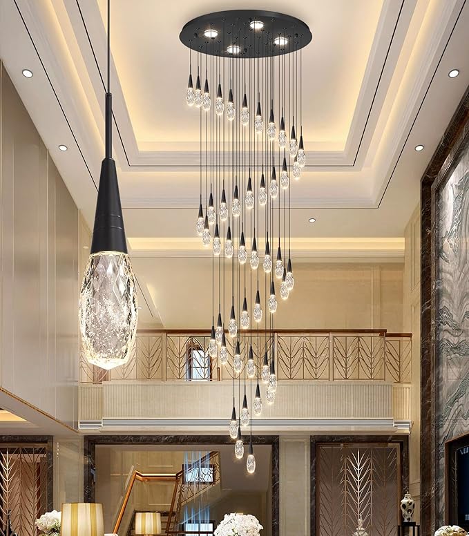 46-Lights 19 Feet Large Modern Chandelier LED Light Fixtures High Ceiling Long Light Chandelier for Entrance Foyer Dimmable Lights with Remote Living Room Ceiling Pendant Lighting Black