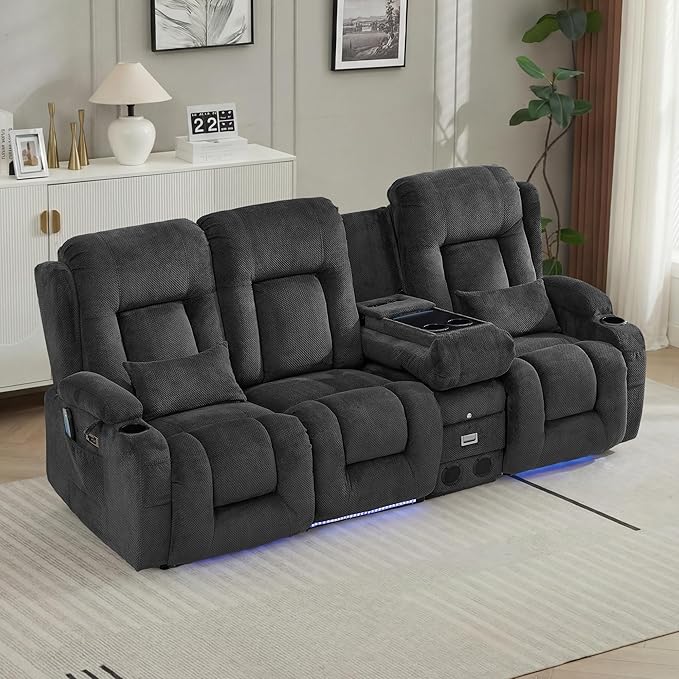 TUNYI Wall Hugger Loveseat Recliner Sofa with Console, Power Reclining Loveseat RV Couch with Massage & Heat/USB/Outlet/Storage/LED Light/Speaker (Dark Grey, 4 Seat)